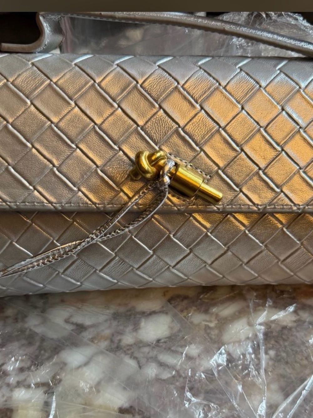 Silver Woven Leather Shoulder Bag with Gold Accent